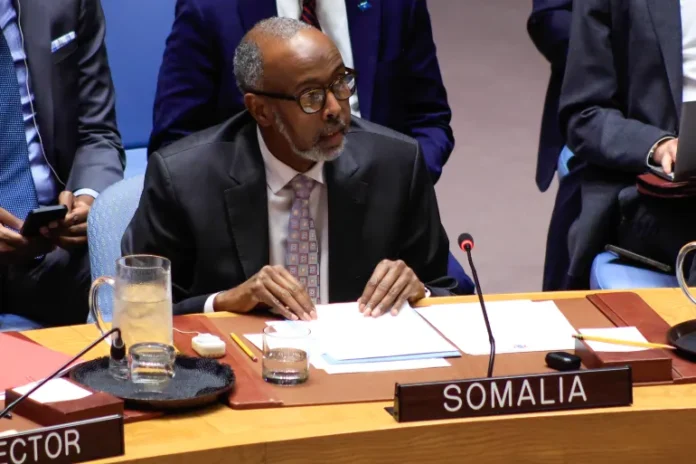 Abukar Dahir Osman, Somalia’s UN ambassador, speaking at a Security Council meeting in New York City